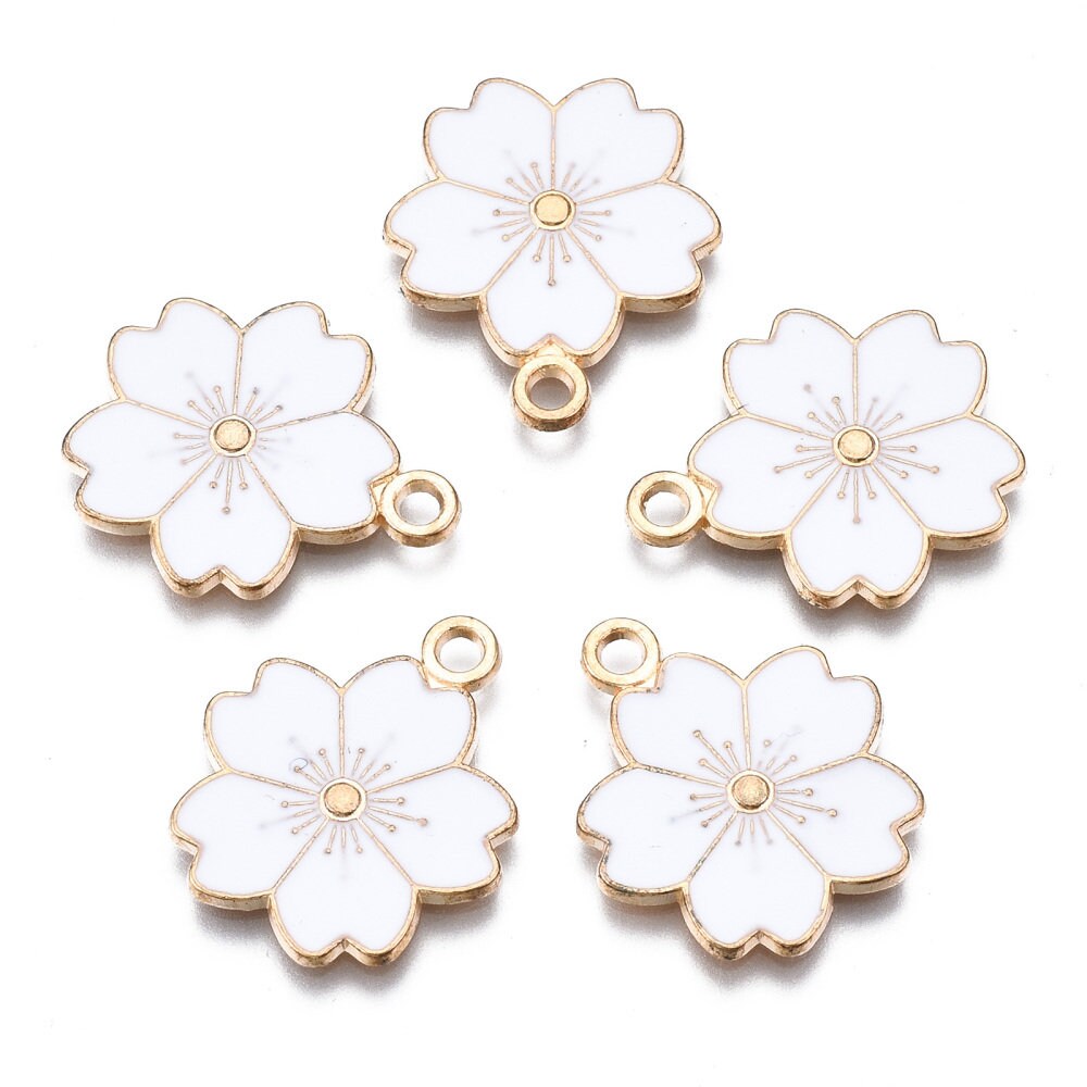 White enamel sakura flower charms, 20mm