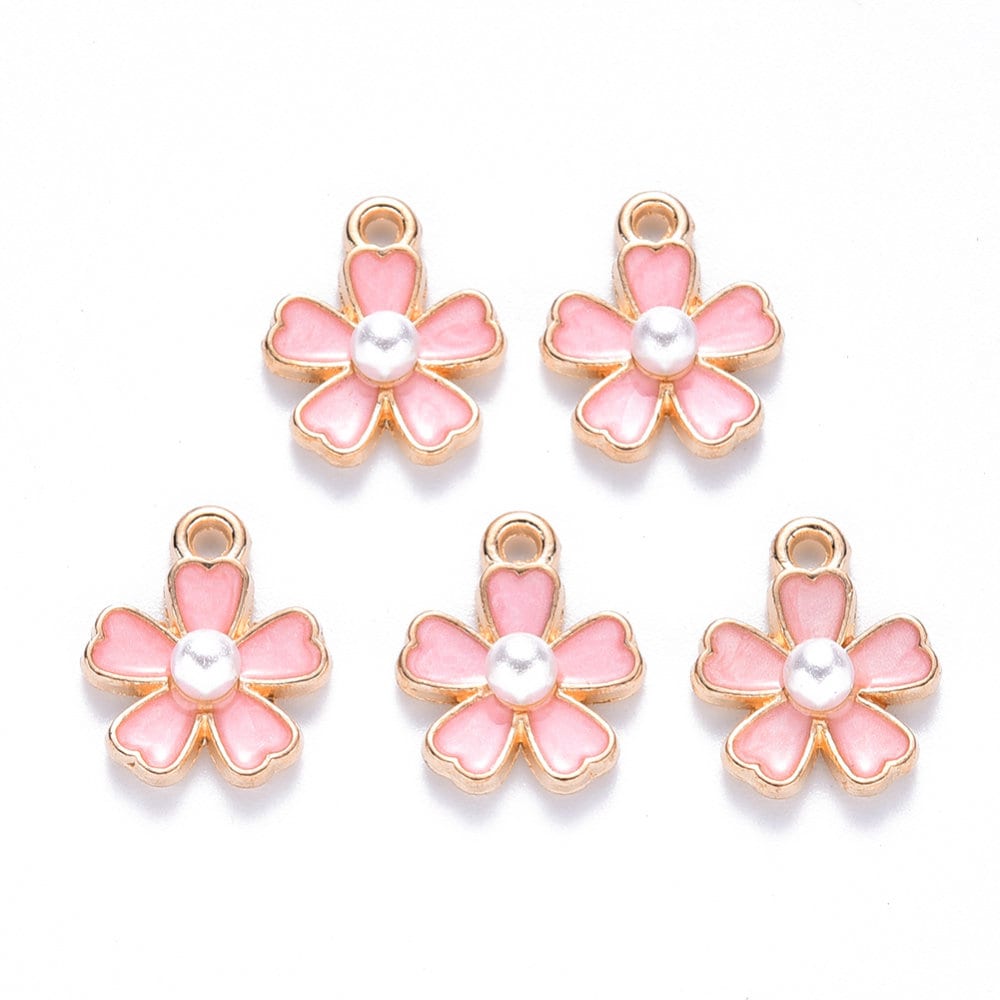 pink enamel and pearl flower charms, 14mm