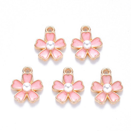 pink enamel and pearl flower charms, 14mm