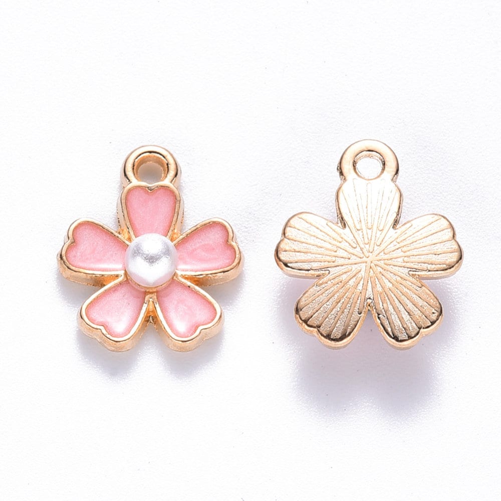 pink enamel and pearl flower charms, 14mm