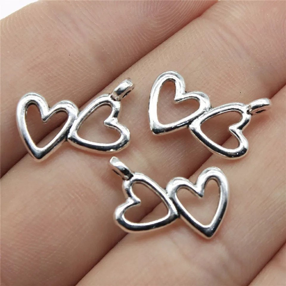 Silver double heart charm, 18mm