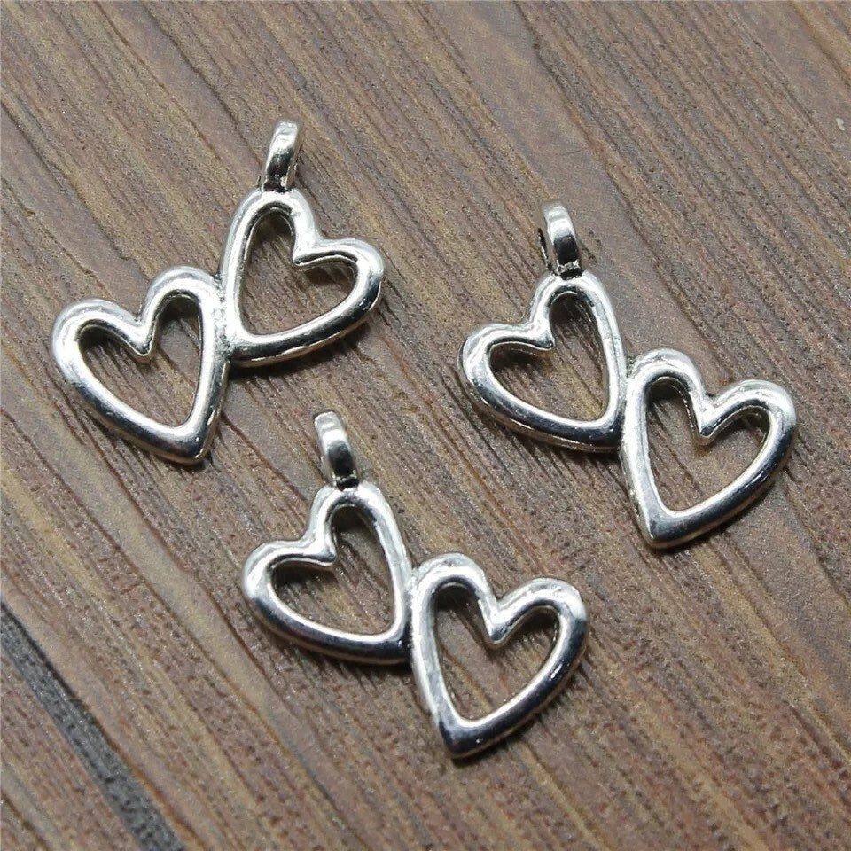 Silver double heart charm, 18mm