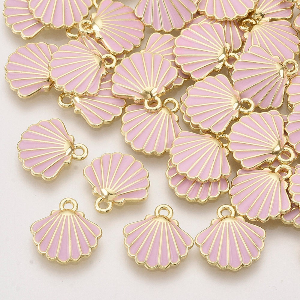 Seashell enamel charms, 13mm pink /lilac