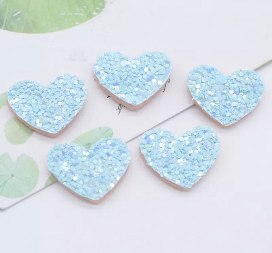 Heart shaped pastel blue embellishments, 20mm glitter fa