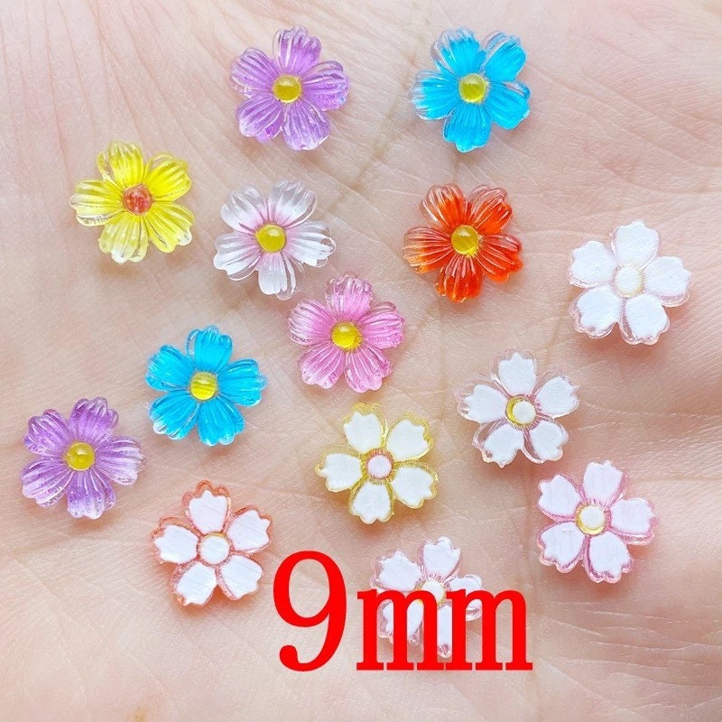 Mixed colour glass effect resin flower cabochons, 9mm