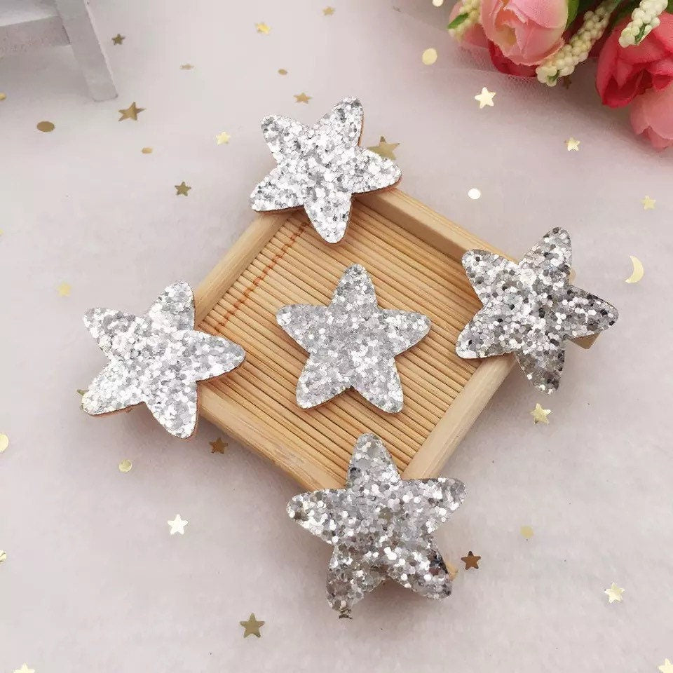 Star silver felt fabric glitter appliqués 32mm