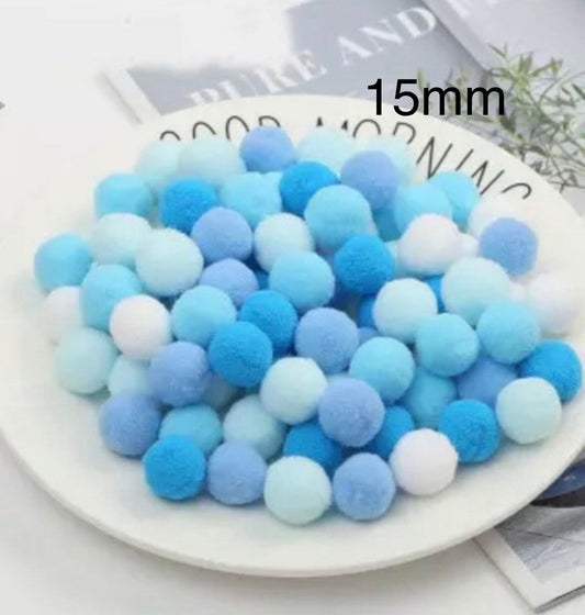 Pom Poms, Blues and white pom pom, 15mm