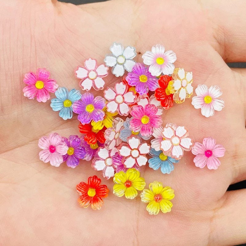 Mixed colour glass effect resin flower cabochons, 9mm