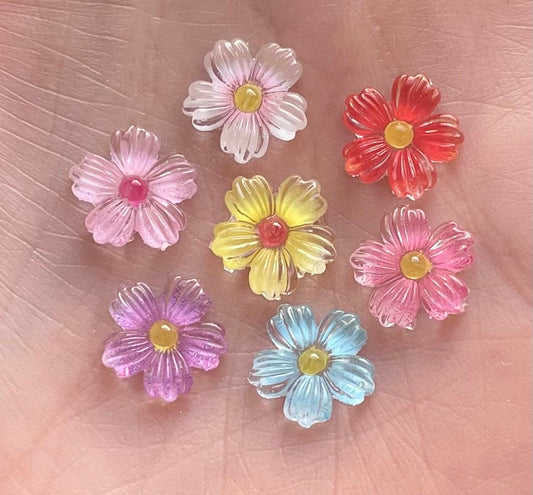 Mixed colour glass effect resin flower cabochons, 9mm
