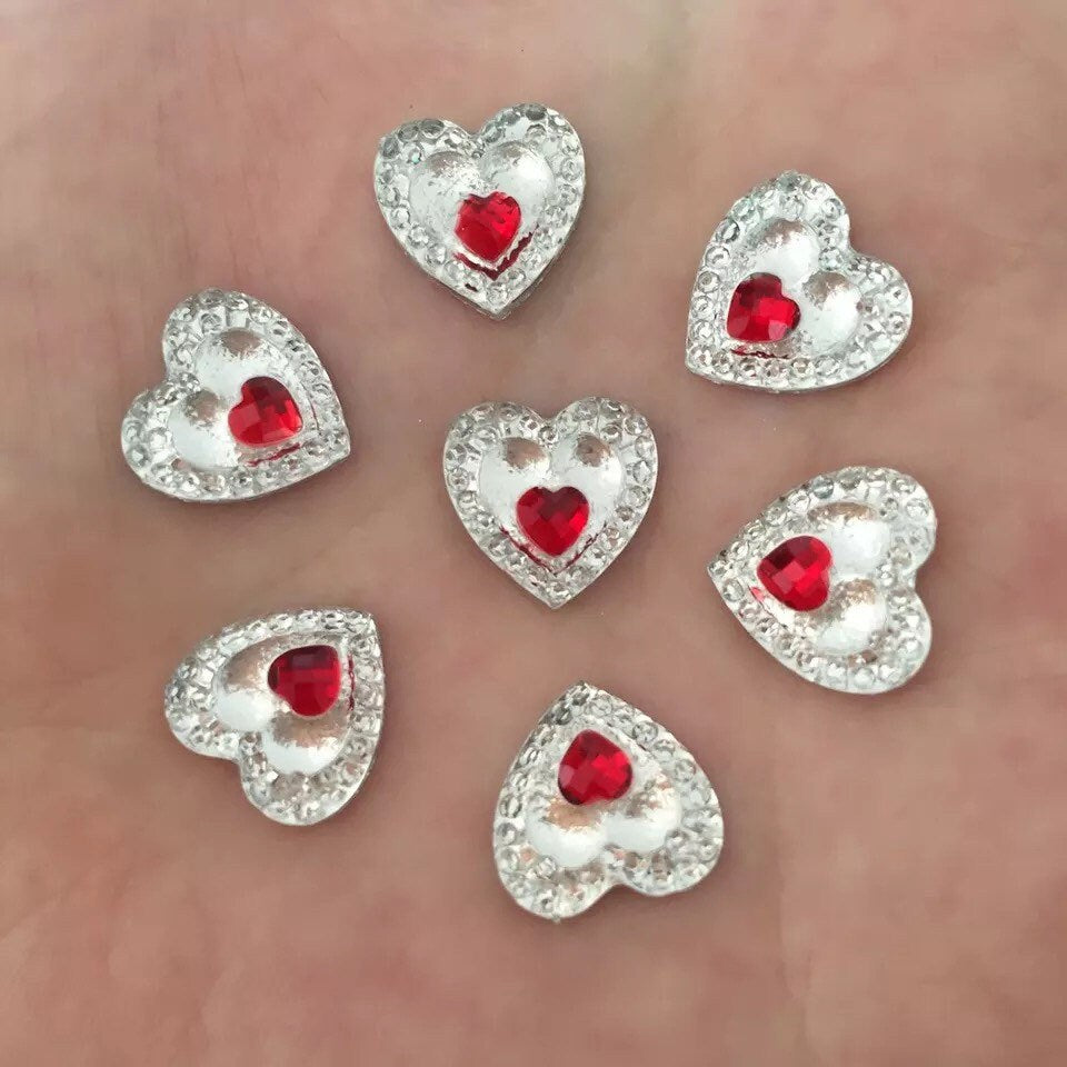 Red heart embellishments, clear rhinestone 12mm