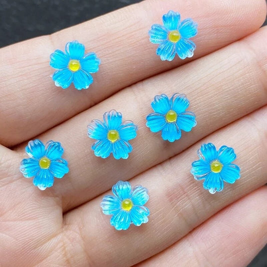 Blue glass effect resin flower cabochons, 9mm