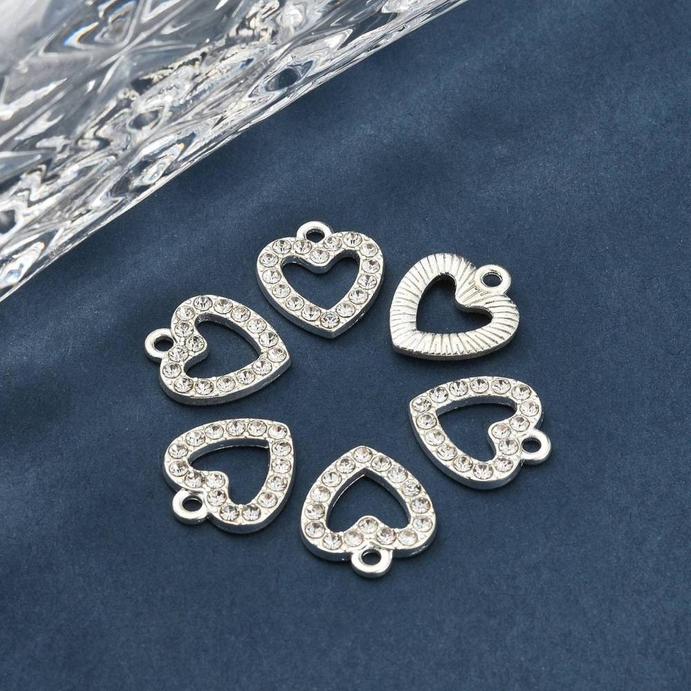 Silver heart charm, rhinestone and alloy