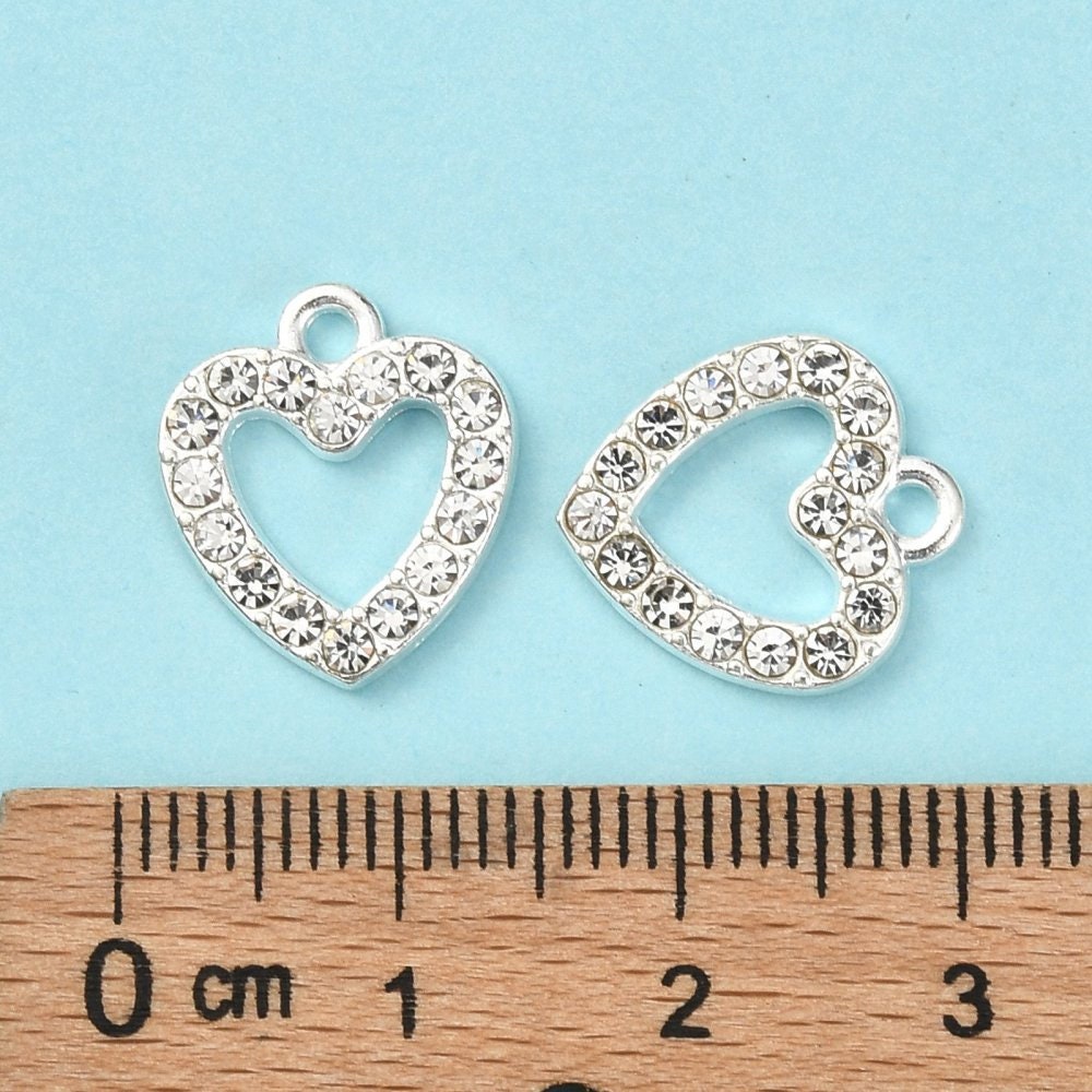 Silver heart charm, rhinestone and alloy