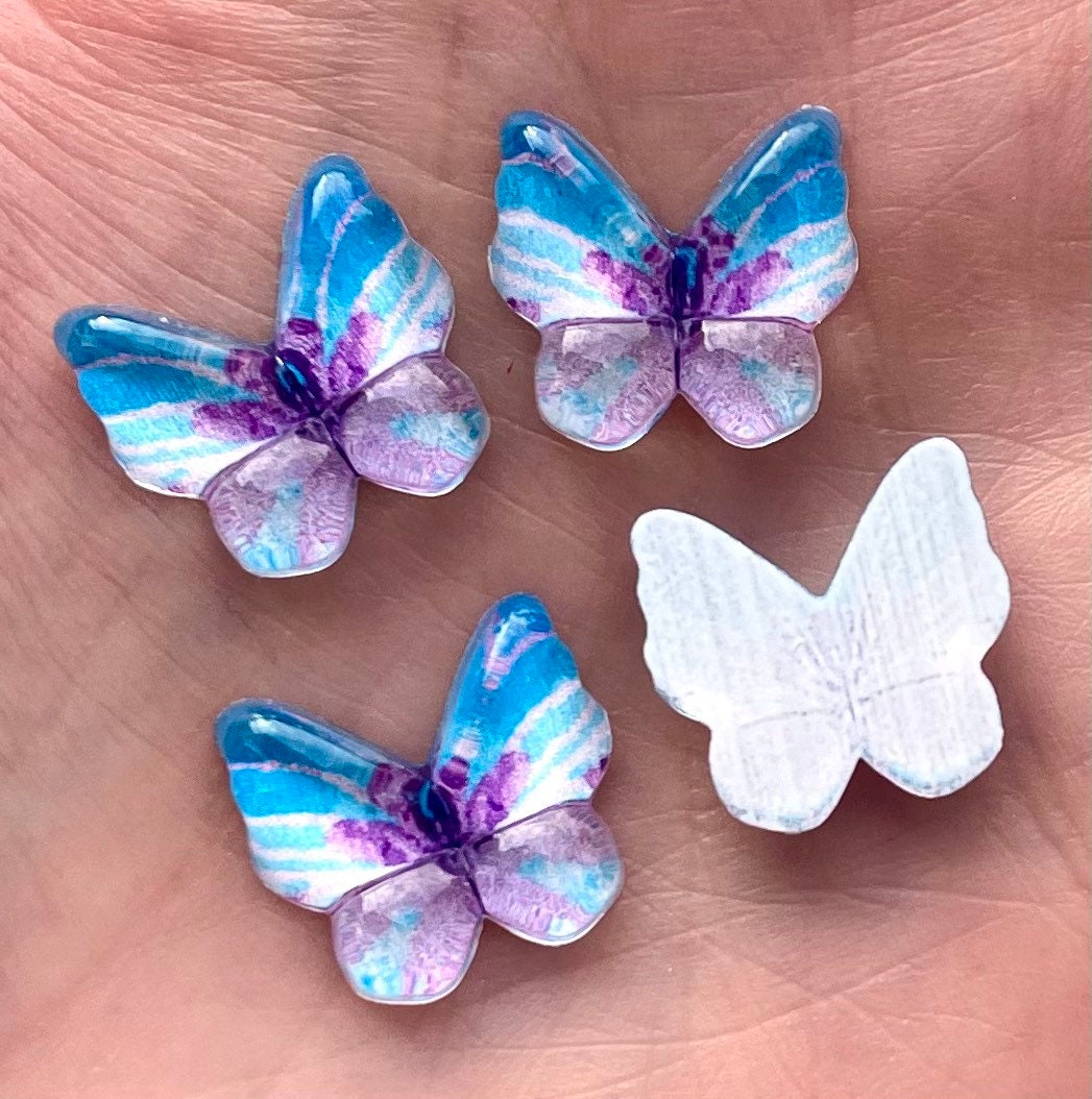 Butterfly resin embellishments, 15mm blue and lilac