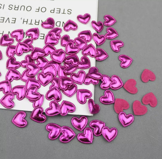 Heart shaped deep pink metallic  fabric embellishments, 17mm