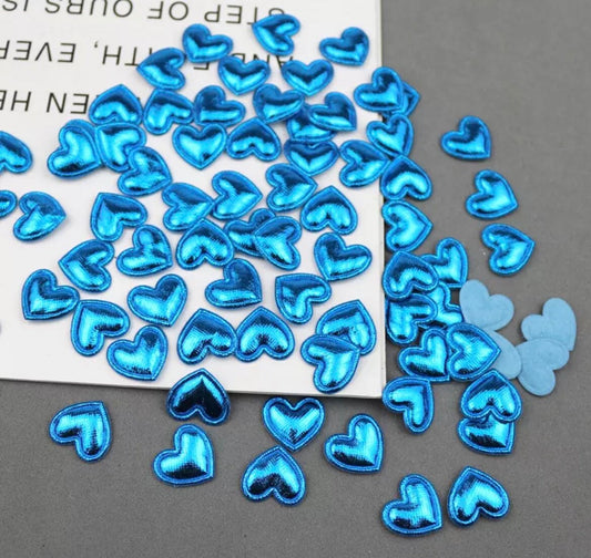 Heart shaped blue metallic fabric embellishments, 17mm