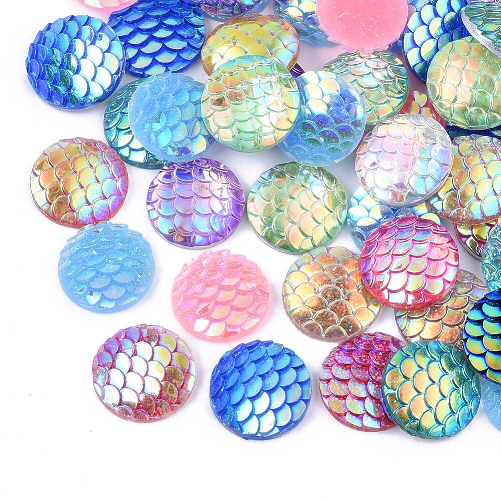 Round resin fish scale cabochons, mix colour 12mm