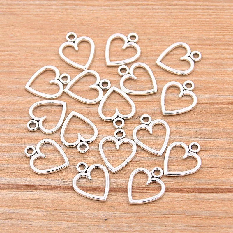 Silver heart charm, open heart, 13mm