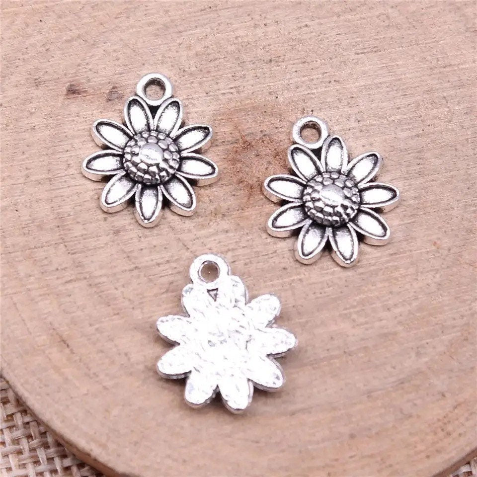 Silver sunflower charms, 15mm