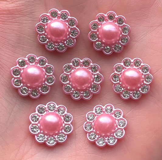 Pearl effect pink floral round cabochons, 14mm