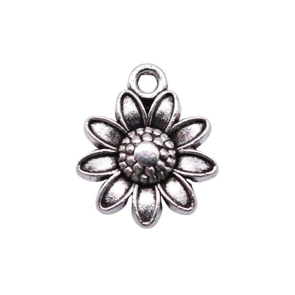 Silver sunflower charms, 15mm