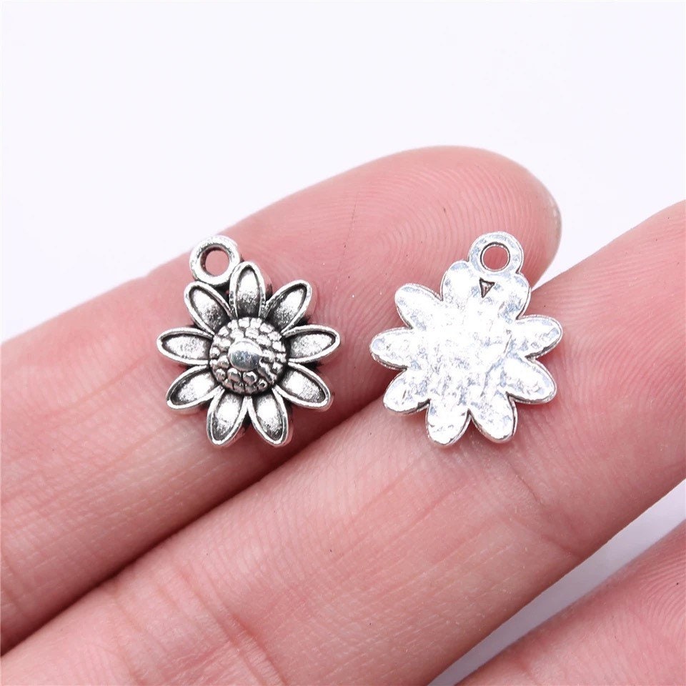 Silver sunflower charms, 15mm