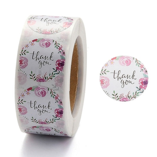 Thank you craft stickers, 25mm round pink floral