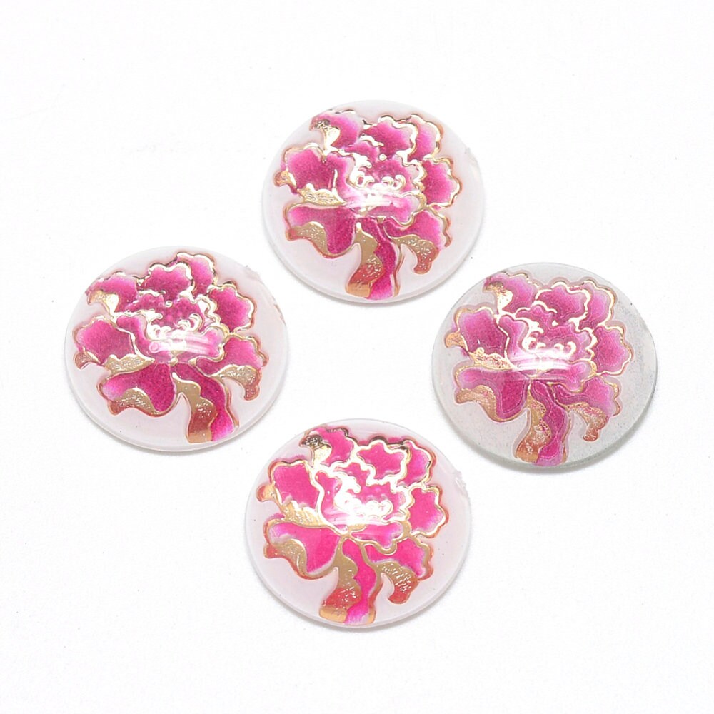 Round floral cabochon, 12mm pink and gold