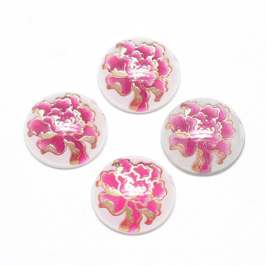 Round floral cabochon, 12mm pink and gold