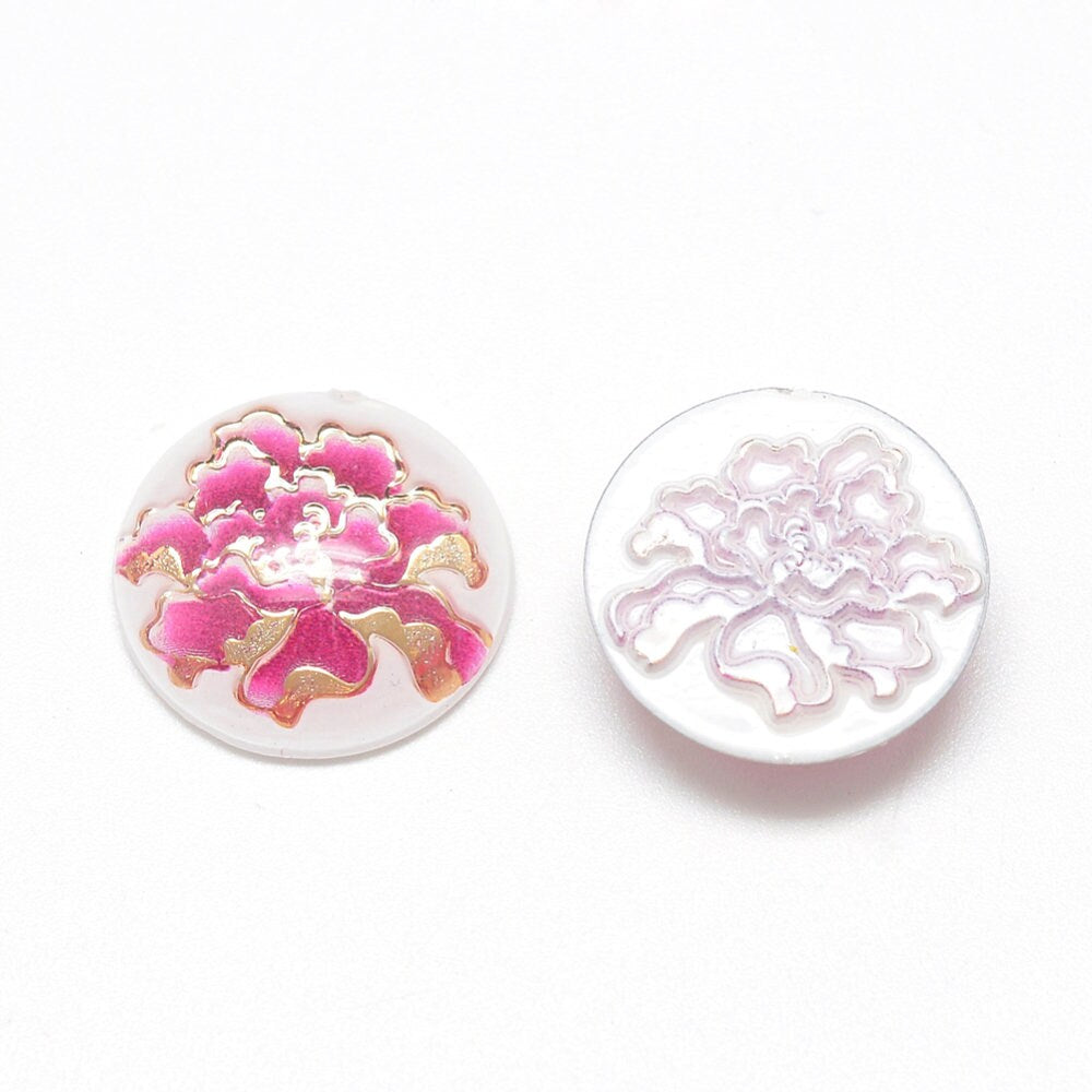 Round floral cabochon, 12mm pink and gold