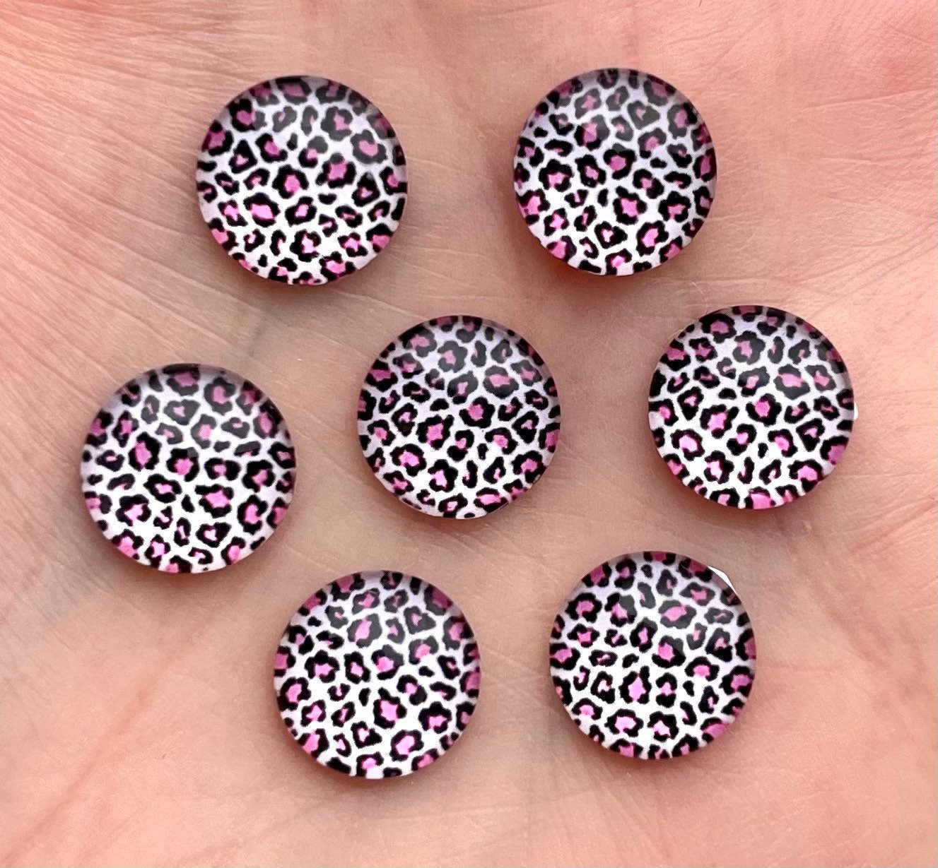 round leopard pattern glass cabochons, pink 10mm flat back