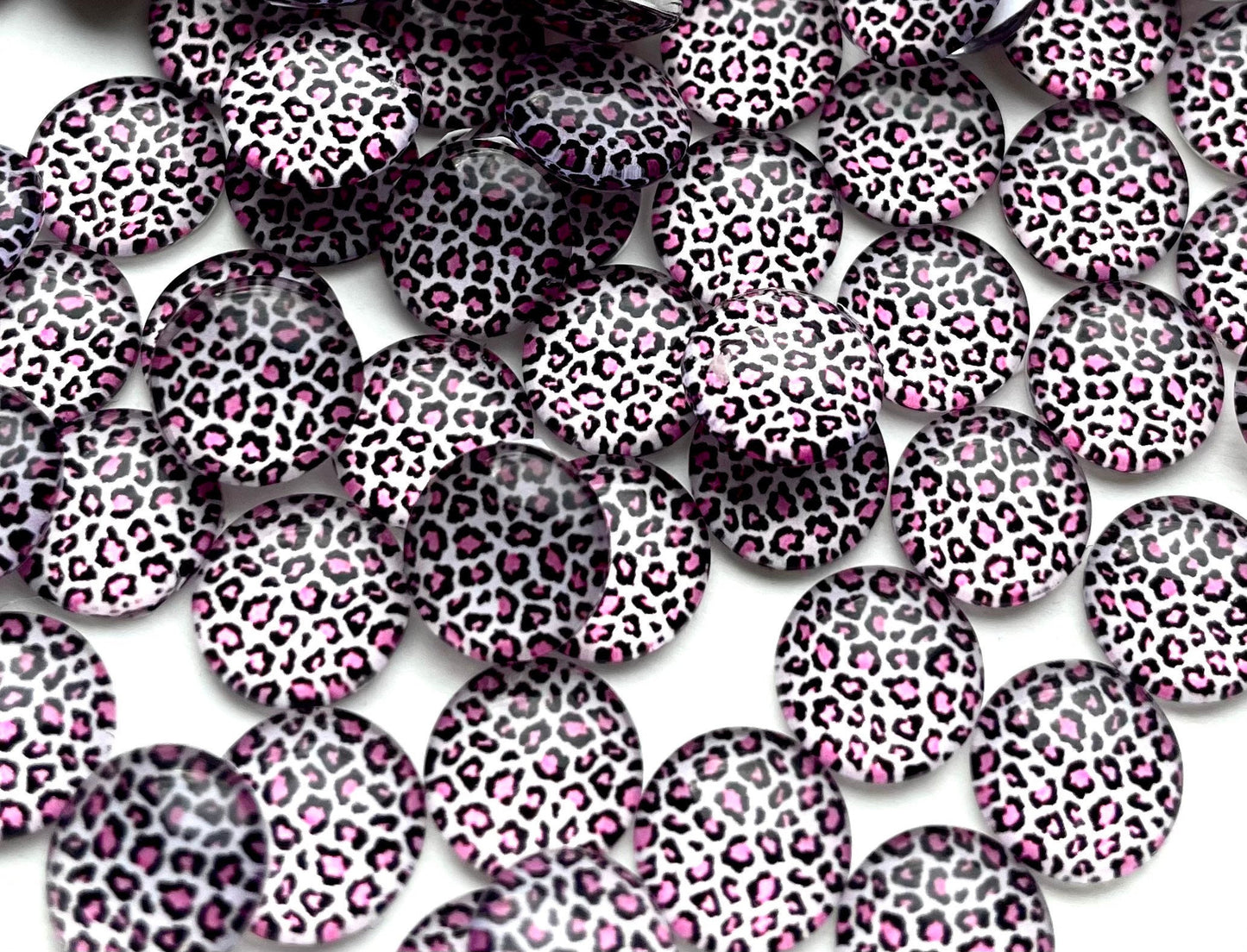 round leopard pattern glass cabochons, pink 10mm flat back