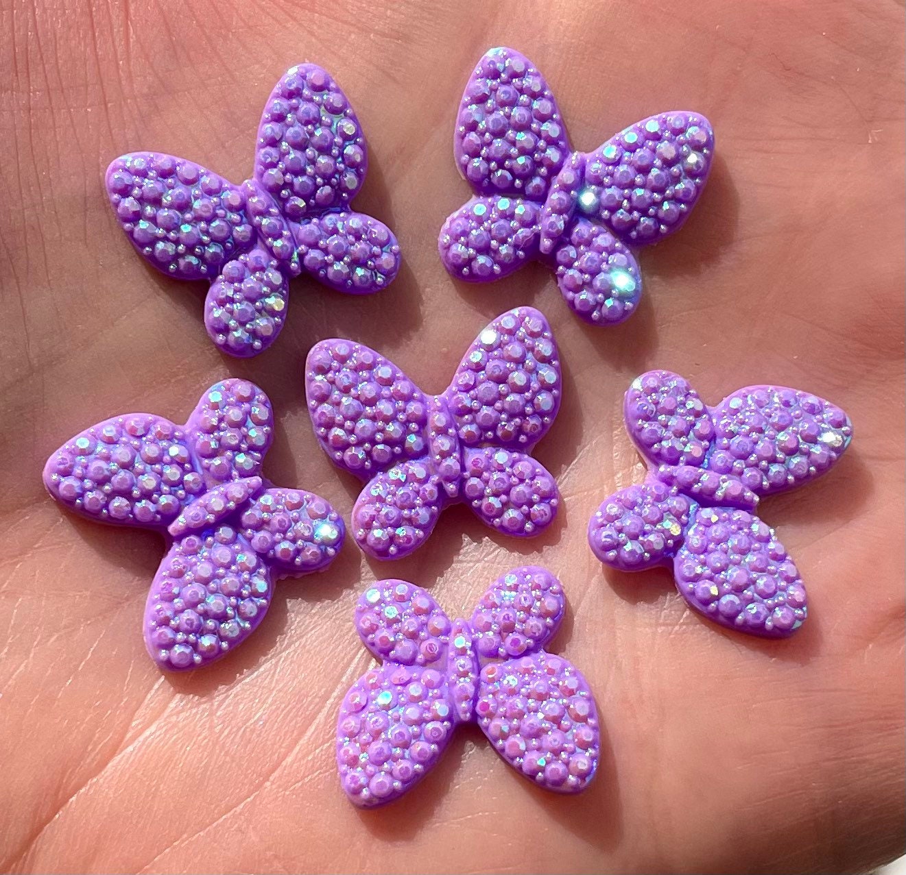 Purple resin butterfly cabochons, rhinestone 16mm