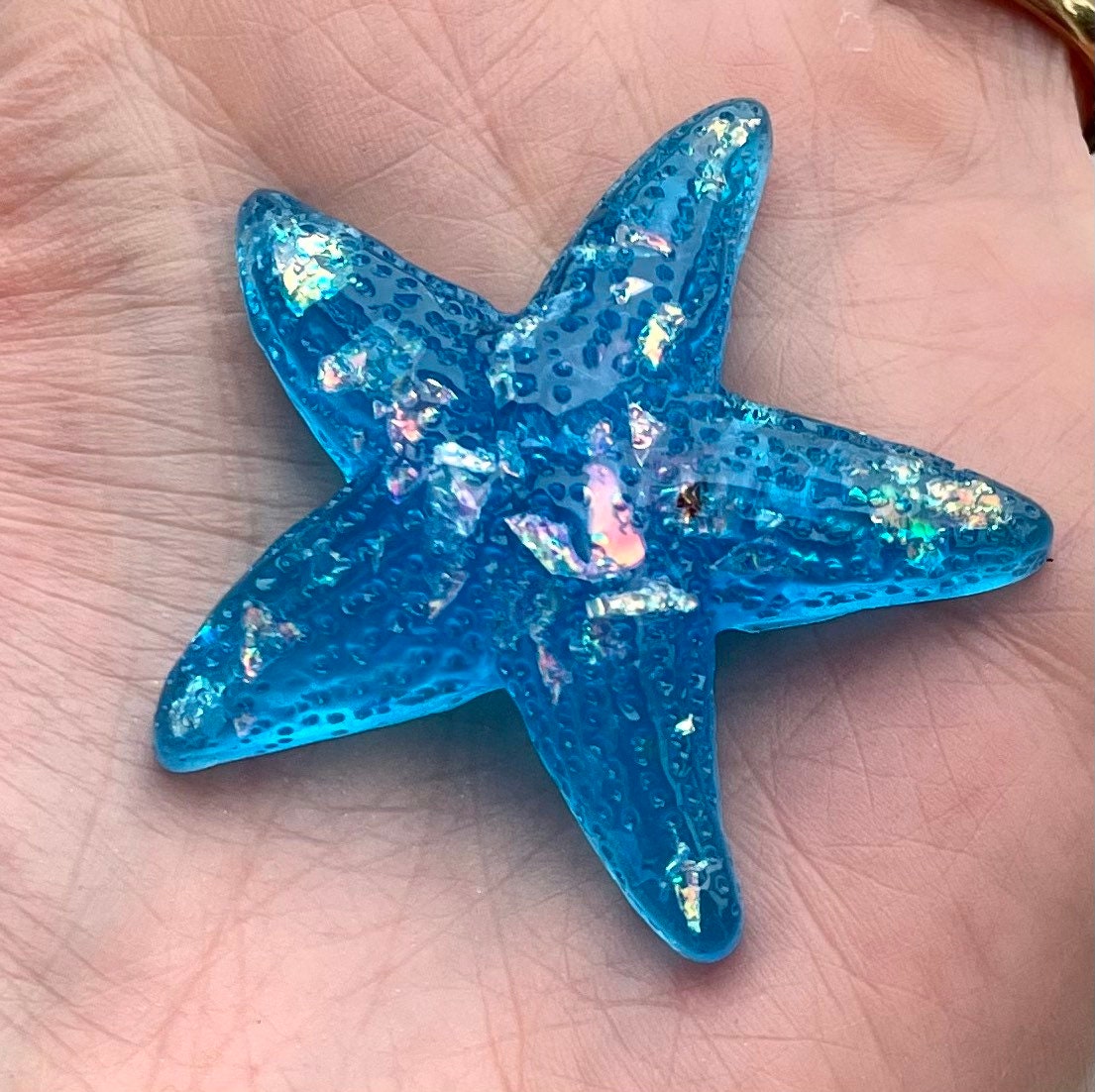 Starfish cabochons, blue glitter 45mm