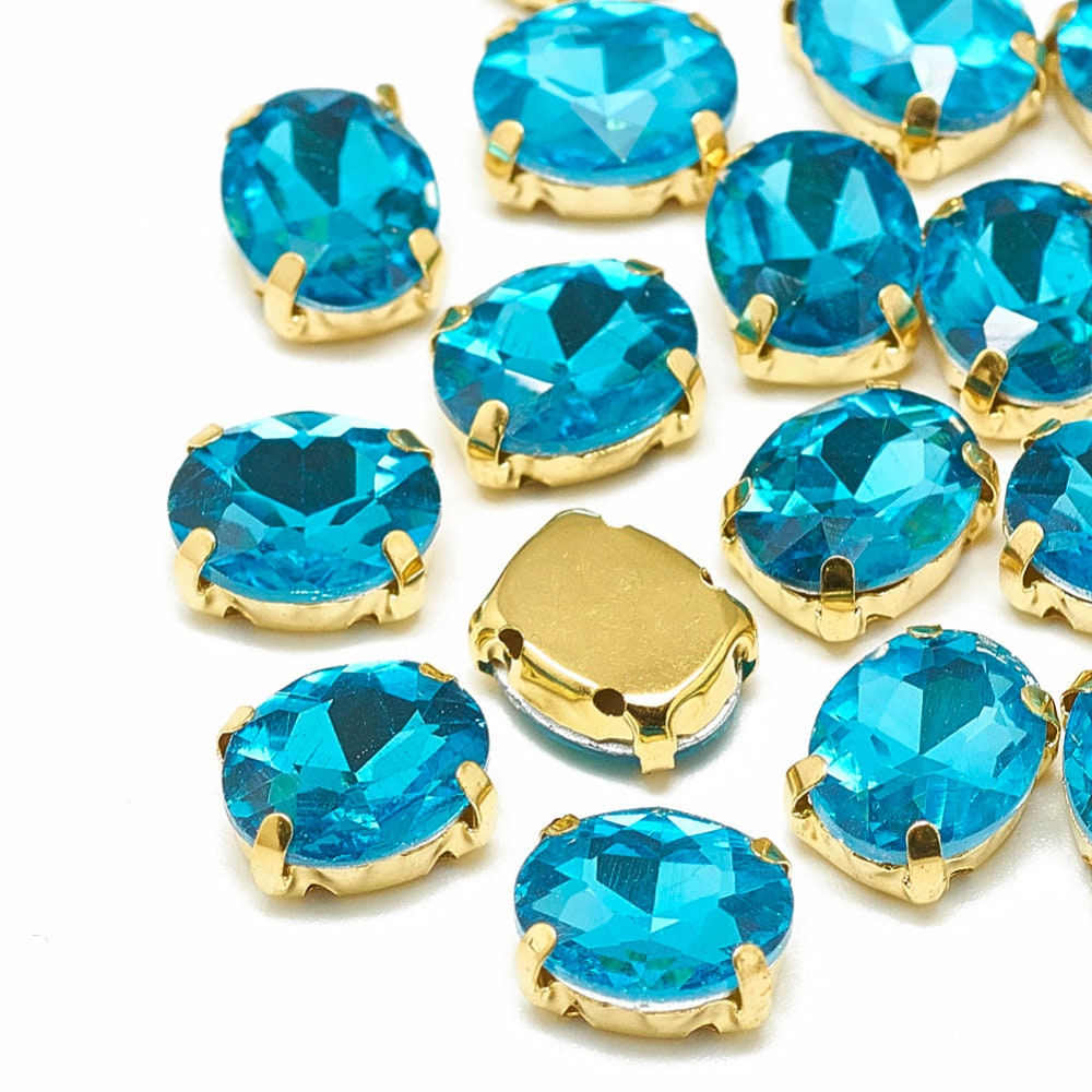 Glass oval rhinestone cabochons, sew on 14mm blue