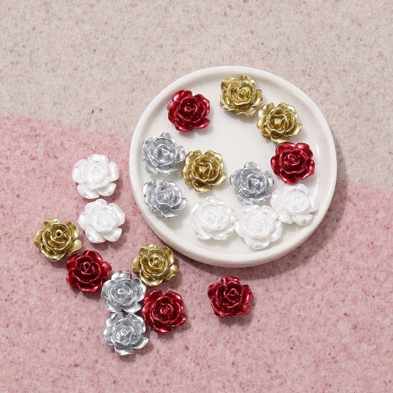 rose flower cabochon, metallic silver 12mm