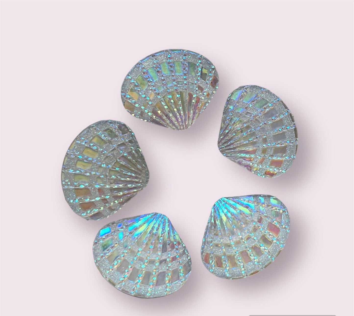 Seashell cabochons, clear, silver lustre 17mm