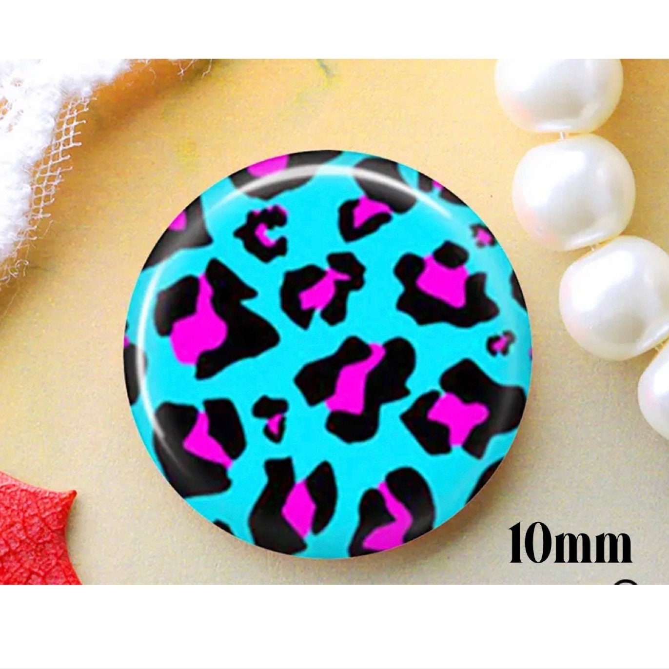 round blue and pink leopard pattern glass cabochons, 10mm