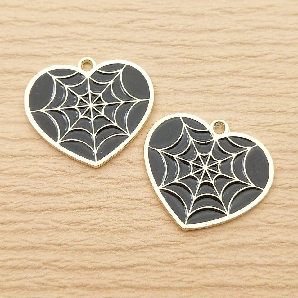 Heart spider web enamel charms, 24mm