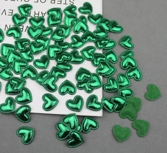 Heart shaped green metallic fabric embellishments, 17mm