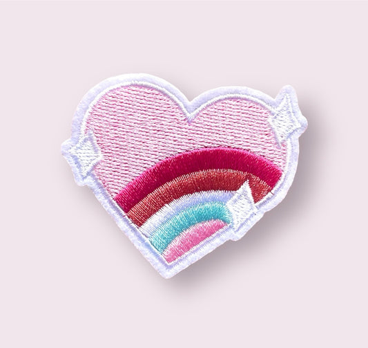 Heart pink iron on patch, rainbow 7cm