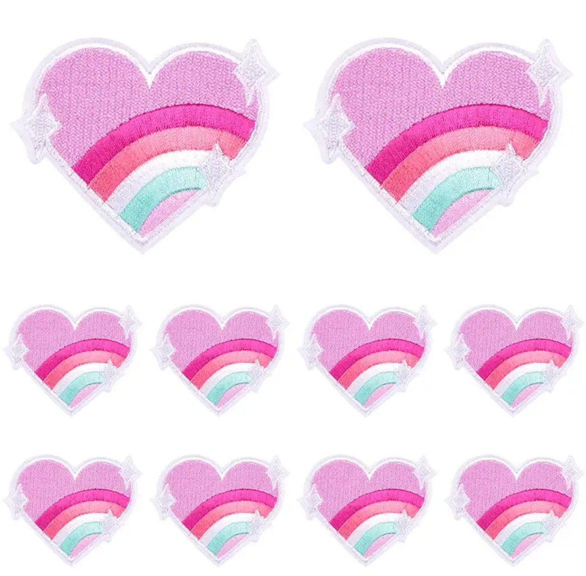 Heart pink iron on patch, rainbow 7cm