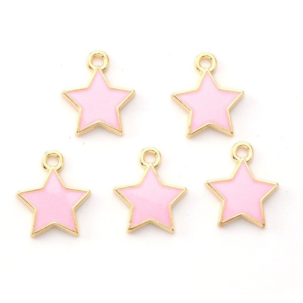 Pink star charms, 14mm enamel