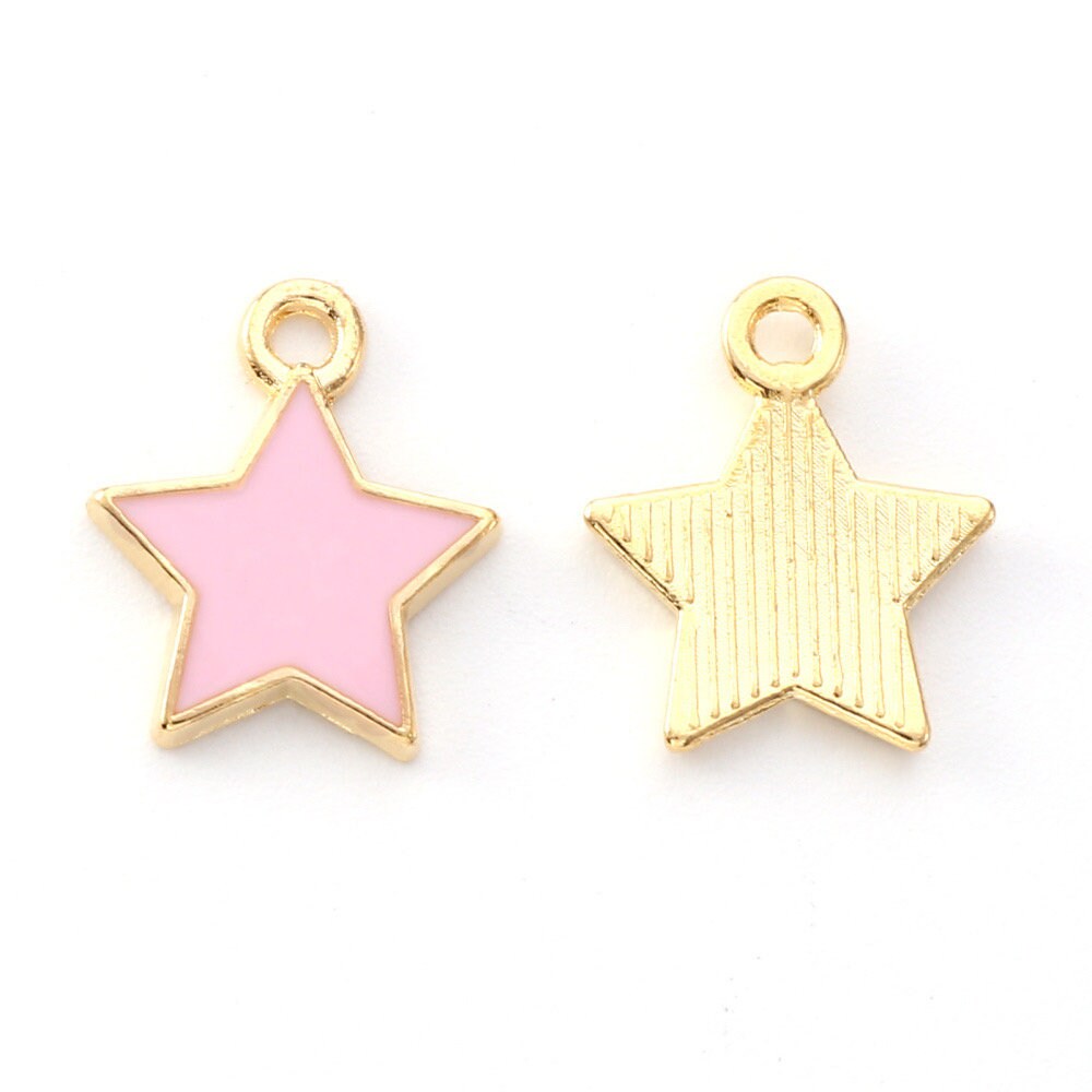 Pink star charms, 14mm enamel