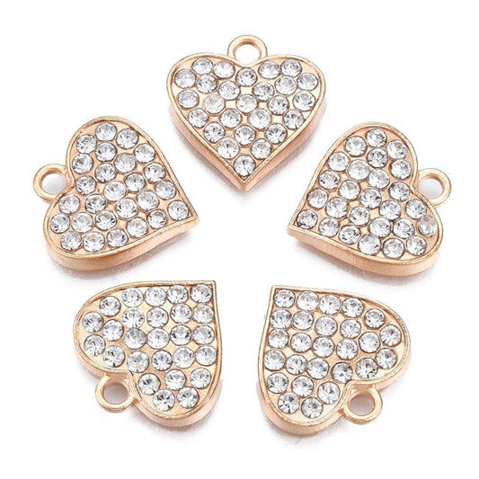 Gold heart charm, rhinestone and alloy