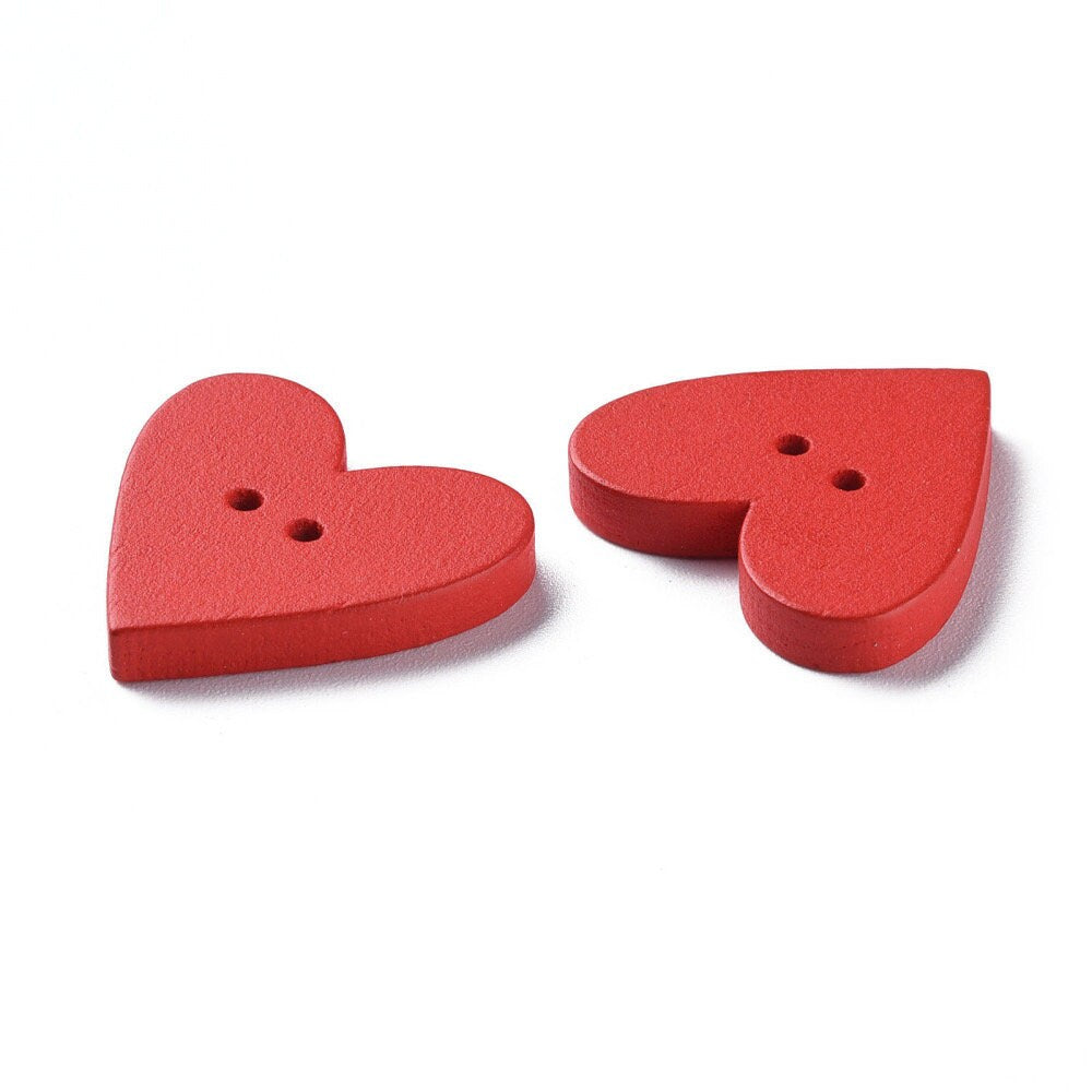 Wooden red heart buttons, 25mm