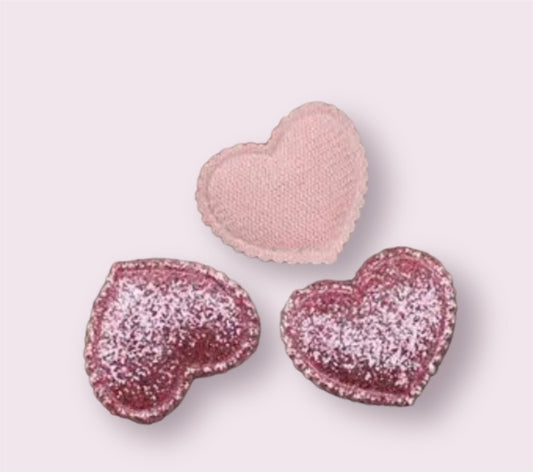 Heart shaped pink fabric embellishments, 25mm glitter