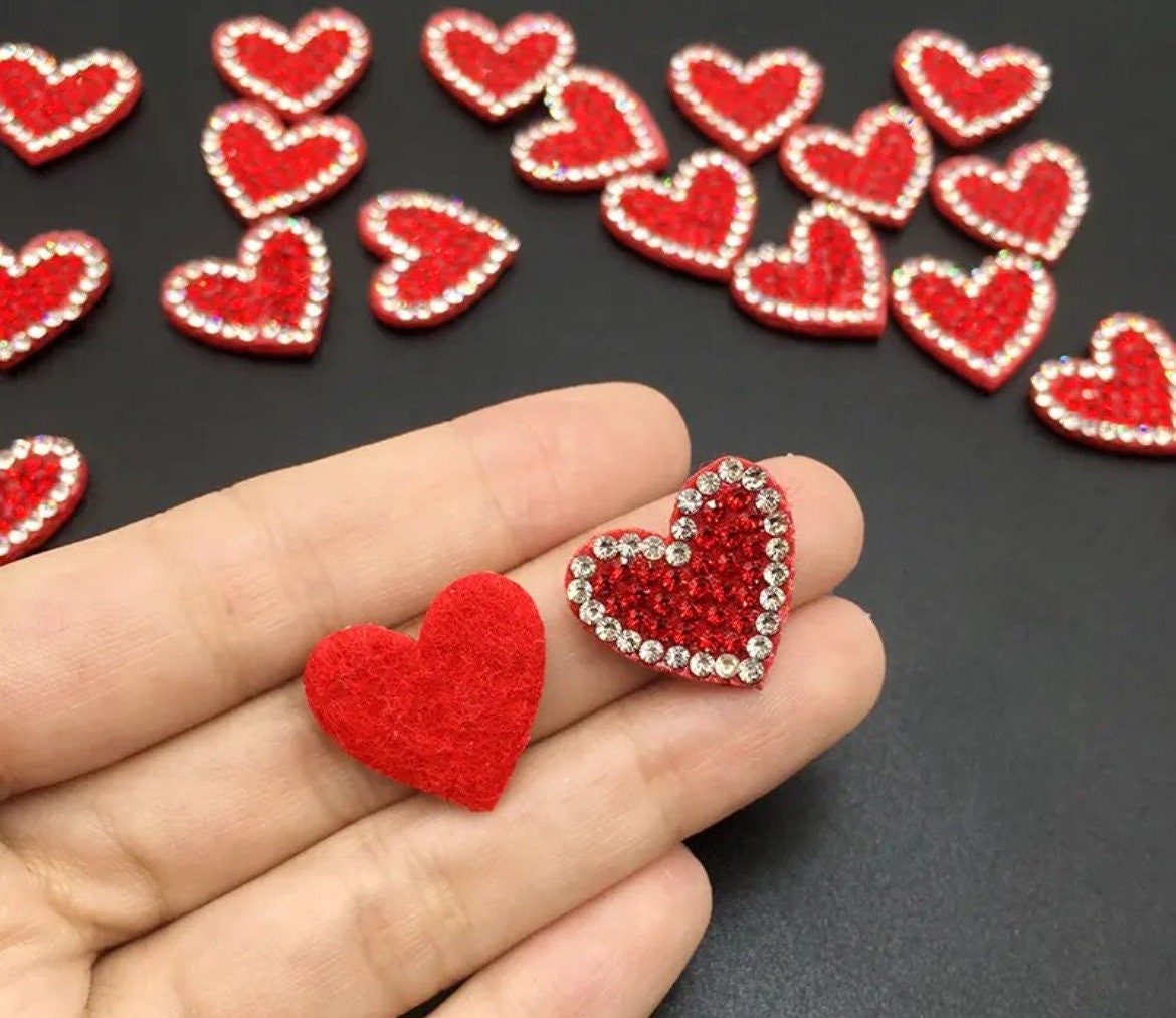 red felt rhinestone heart appliqués, 2cm