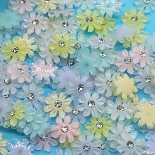 Rhinestone pastel resin flower cabochons, 11mm