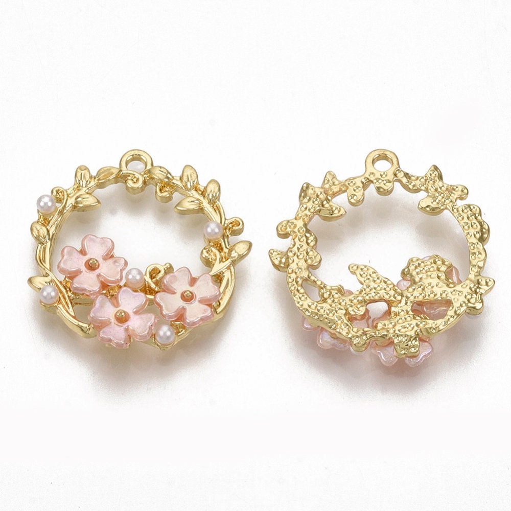 Hoop pink floral charm,  pearl floral